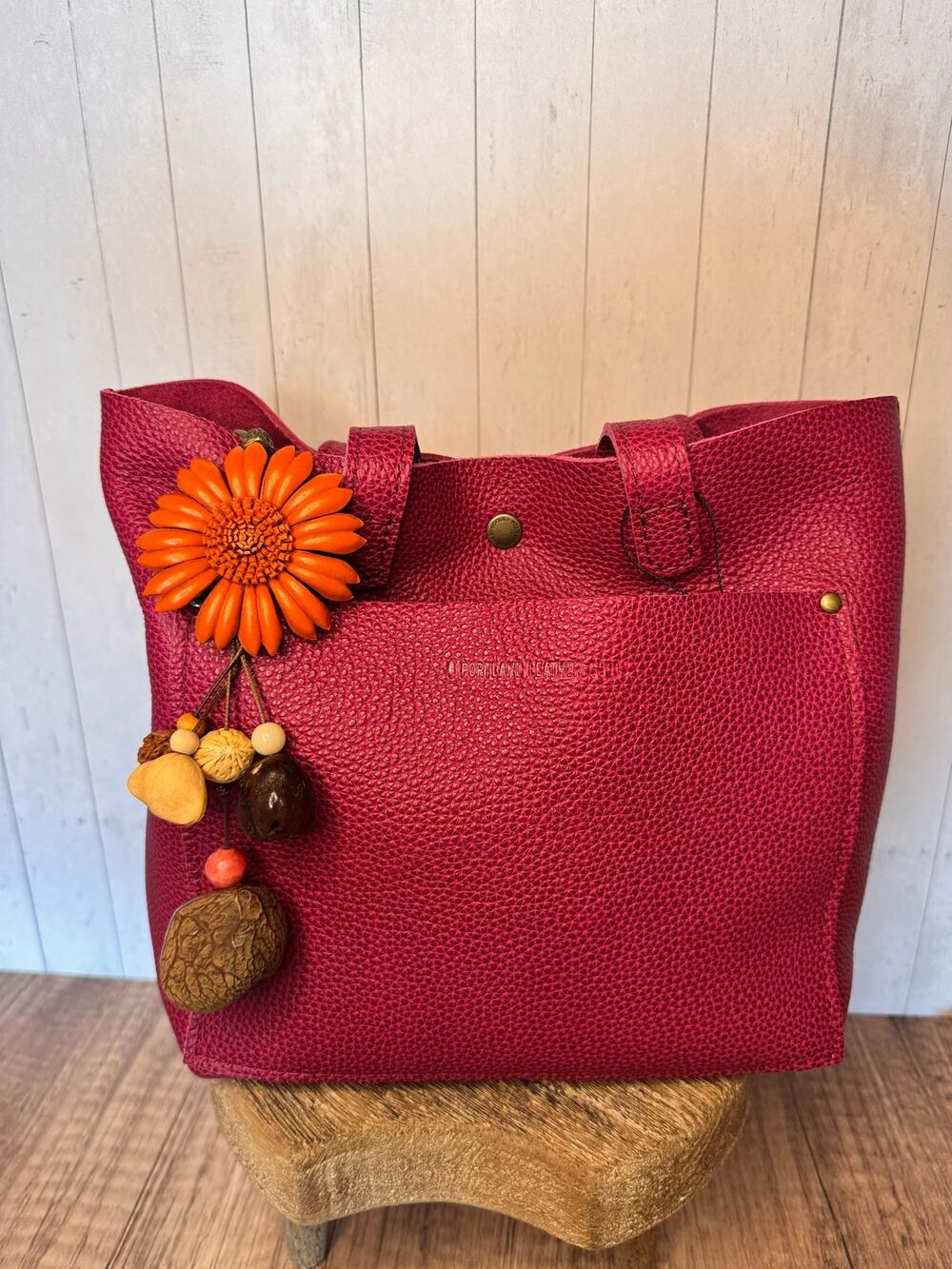 Summer Orange Gerbera Daisy Purse Charm Genuine Leather Flower Bag Charm